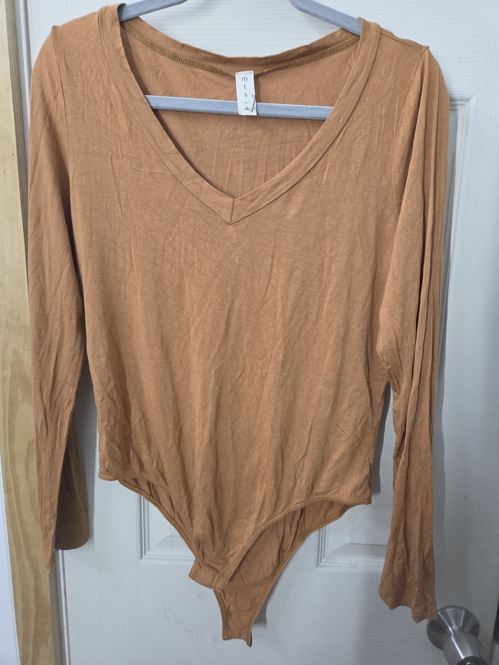 V-Neck Long Sleeve Bodysuit in Camel Tan #0278